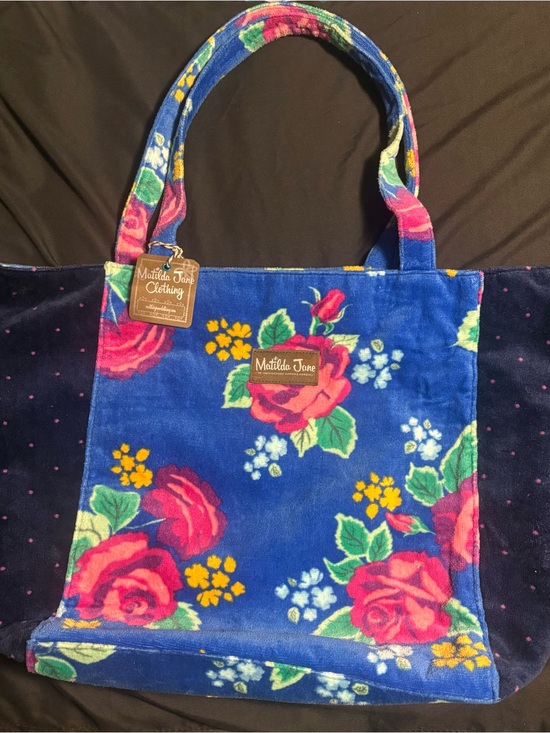 Matilda Jane Handbags - Matilda Jane Cobalt Floral Velvet Tote with Pink Roses